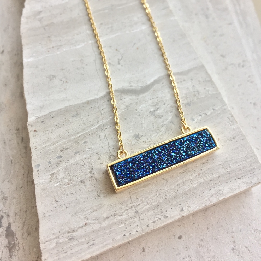 Blue Druzy Bar Necklace/ Gold chain - Picture 2 of 3